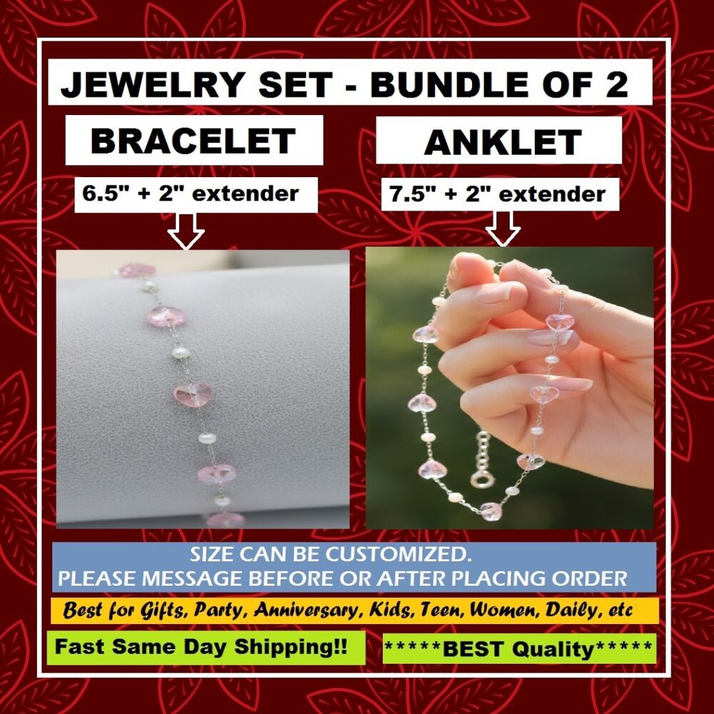 💖Minimalist SILVER PINK CRYSTAL WHITE PEARLS Bracelet & Anklet - Set, RC105